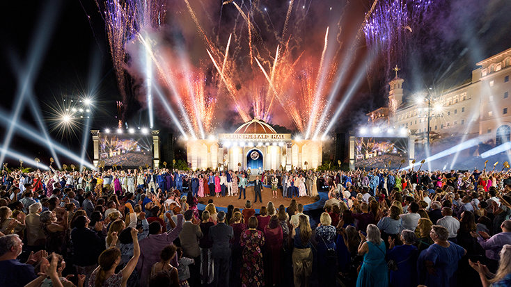 Fireworks erupt above more than 100 commemorative golden shovels as the groundbreaking of L. Ron Hubbard Hall is celebrated in spectacular fashion.