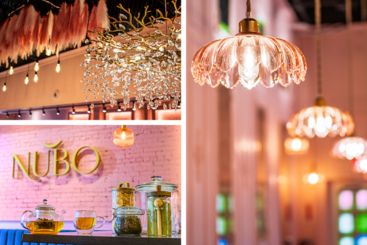Decorative lighting, tea service and warm interior details help define Nubo’s distinctive café atmosphere, designed to welcome guests throughout the day.