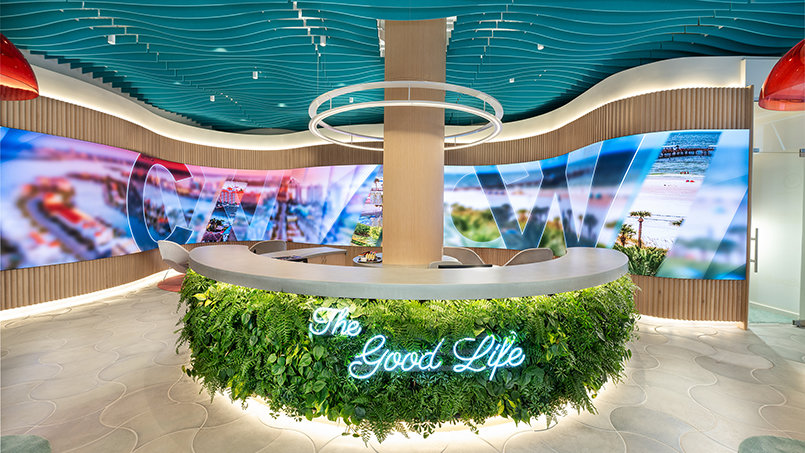 The showroom reception welcomes visitors into The Good Life, introducing the restoration of historic buildings and the reactivation of underutilized spaces through a series of integrated displays.